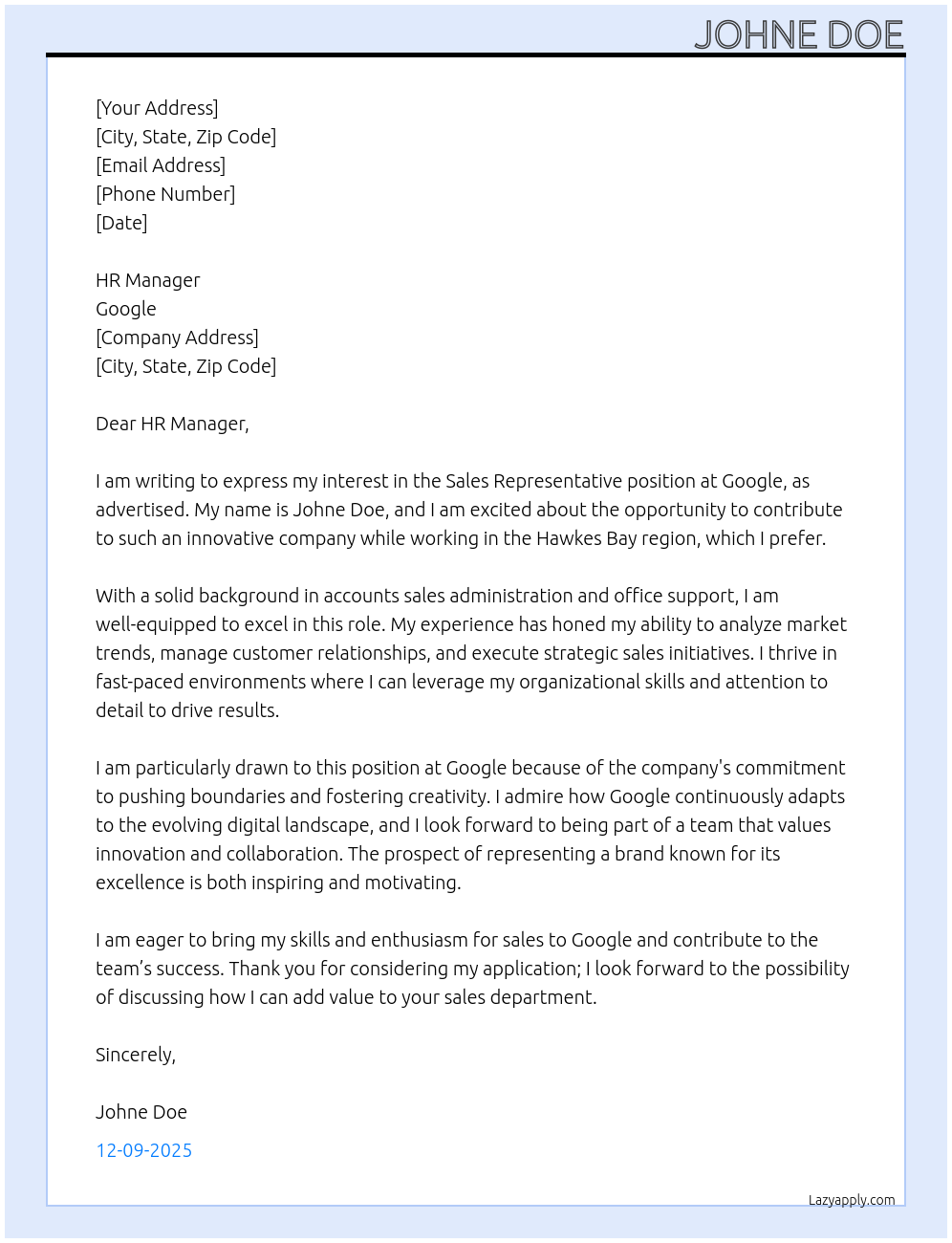 Sales Representative At Google Cover Letter