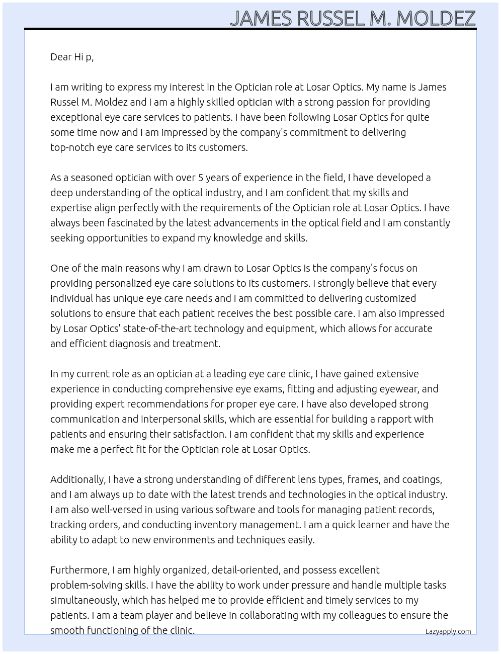 Optician At Losar optics  Cover Letter