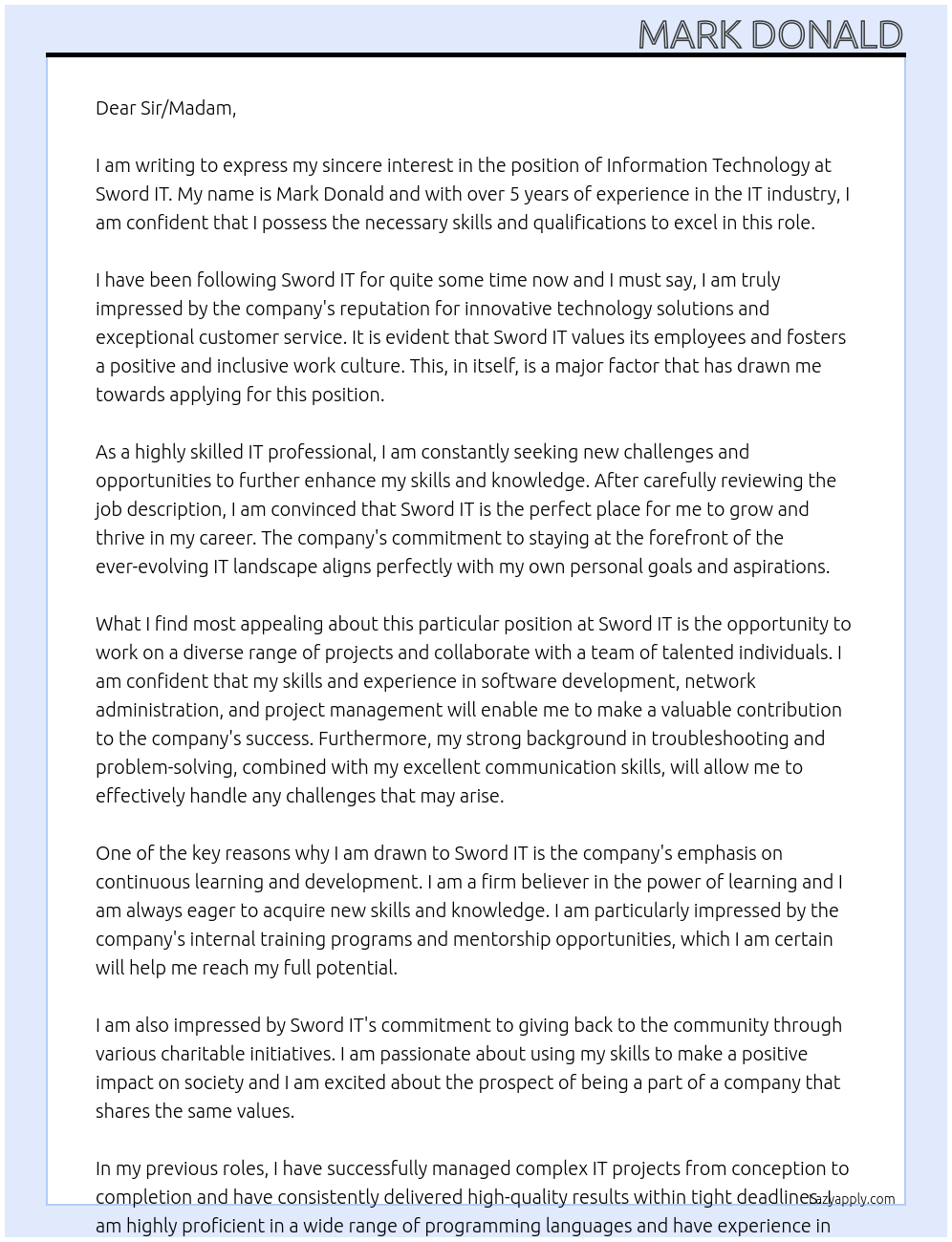 Information Technology At Sword IT Cover Letter