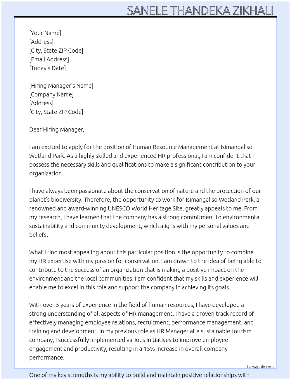 Human resource management At Isimangaliso wetland park Cover Letter
