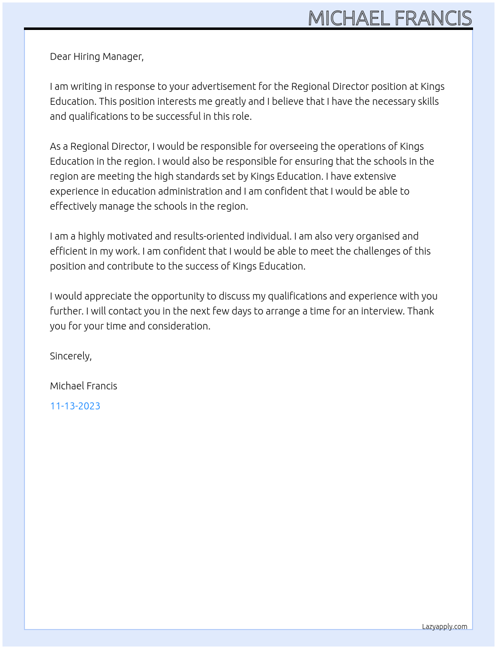 Regional Director At Kings Education Cover Letter