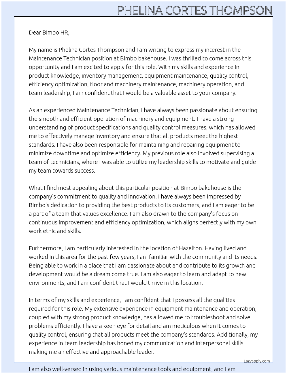 Maintenance Technician At Bimbo bakehouse Cover Letter