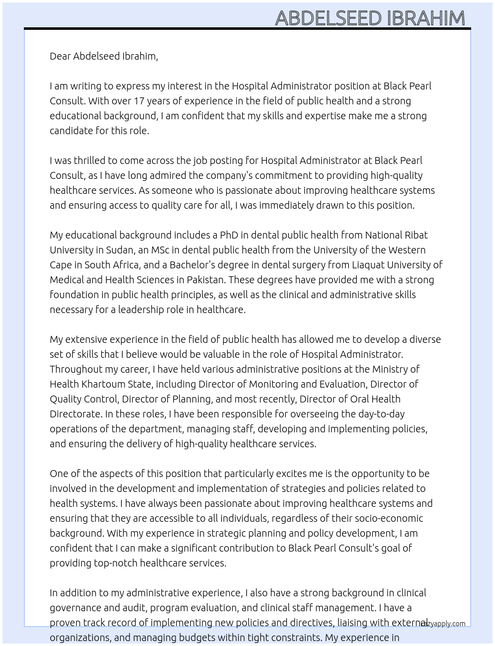 Hospital Administrator At Black Pearl Consult  Cover Letter