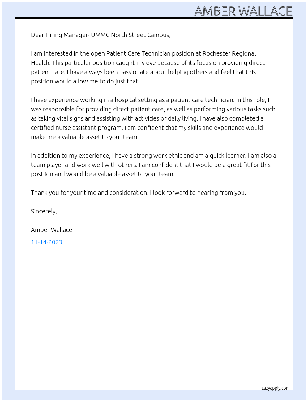 Patient Care Technician  At Rochester Regional Health  Cover Letter