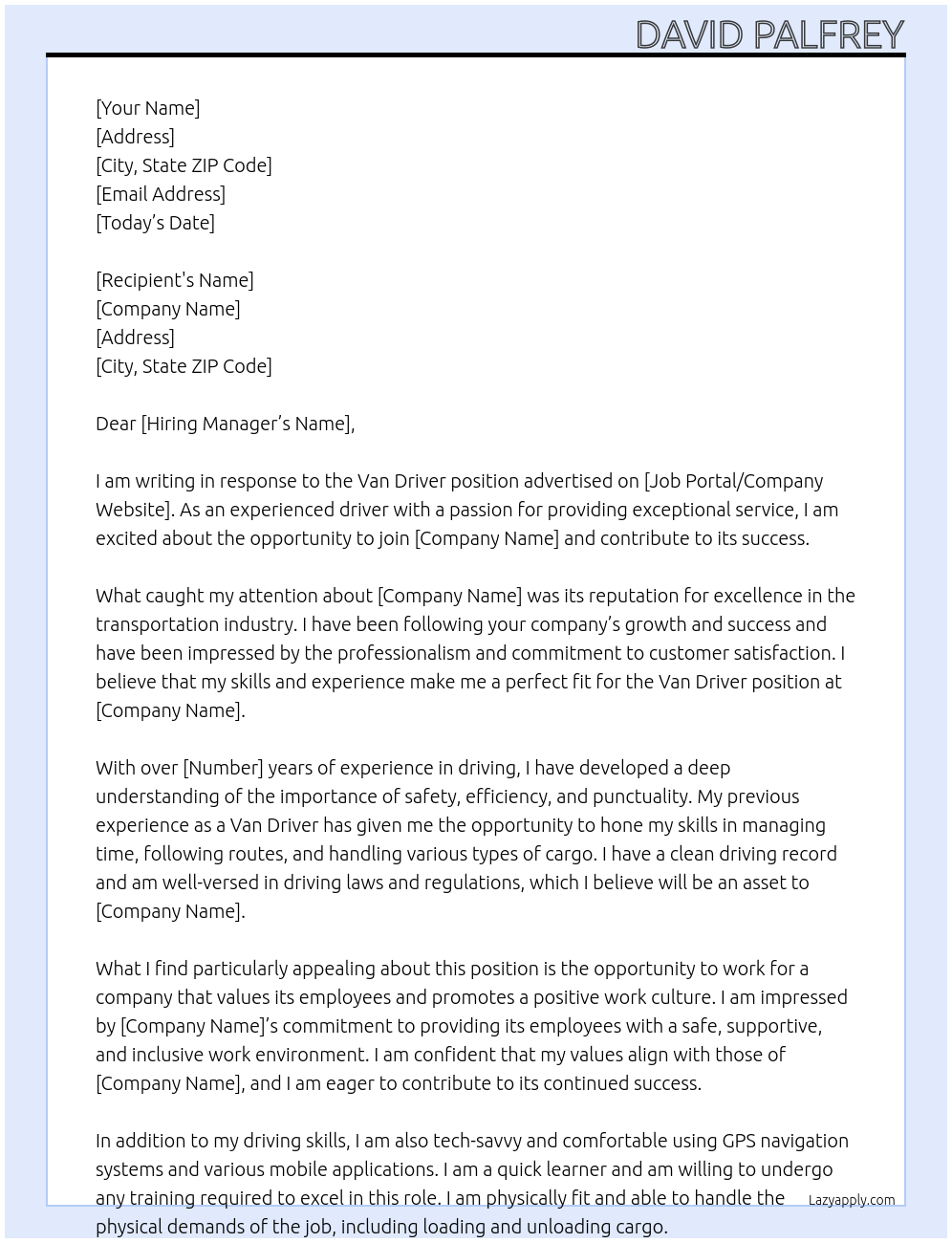 Van driver At Paul Trivett Transport Cover Letter