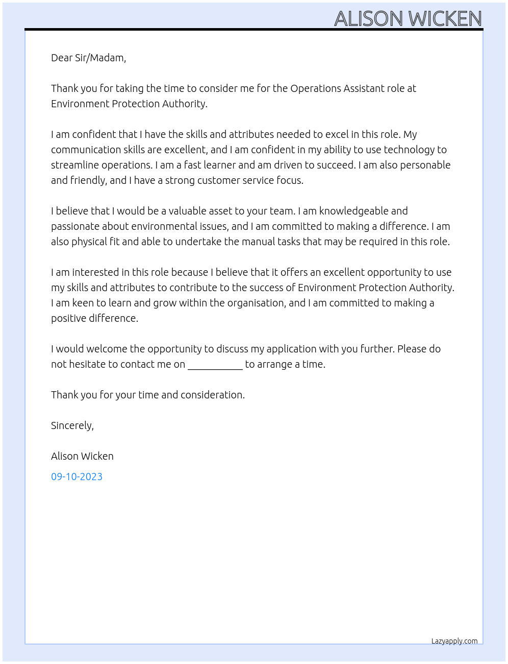 Operations assistant At Environment Protection Authority Cover Letter