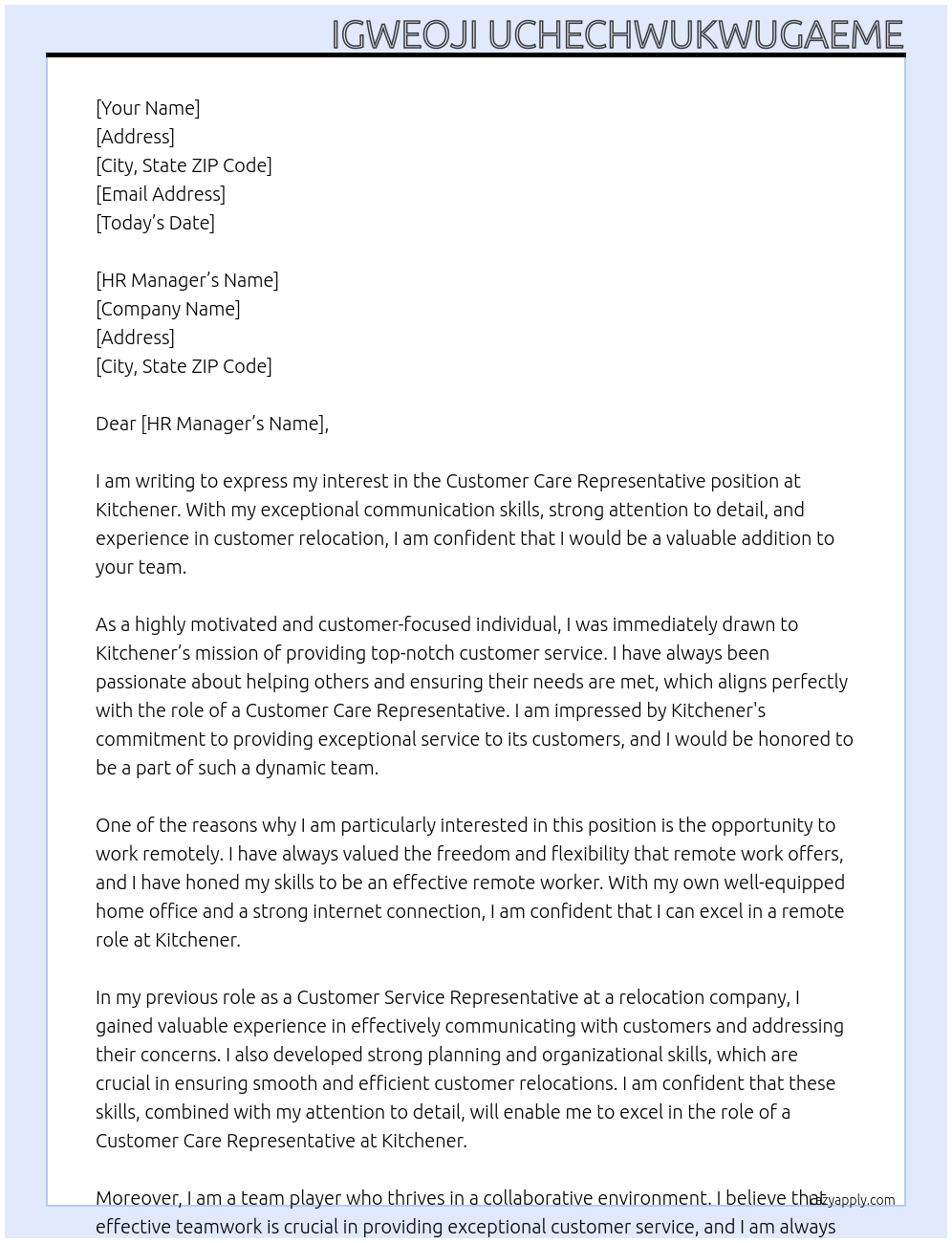 Customer care representative  At Kitchener Cover Letter