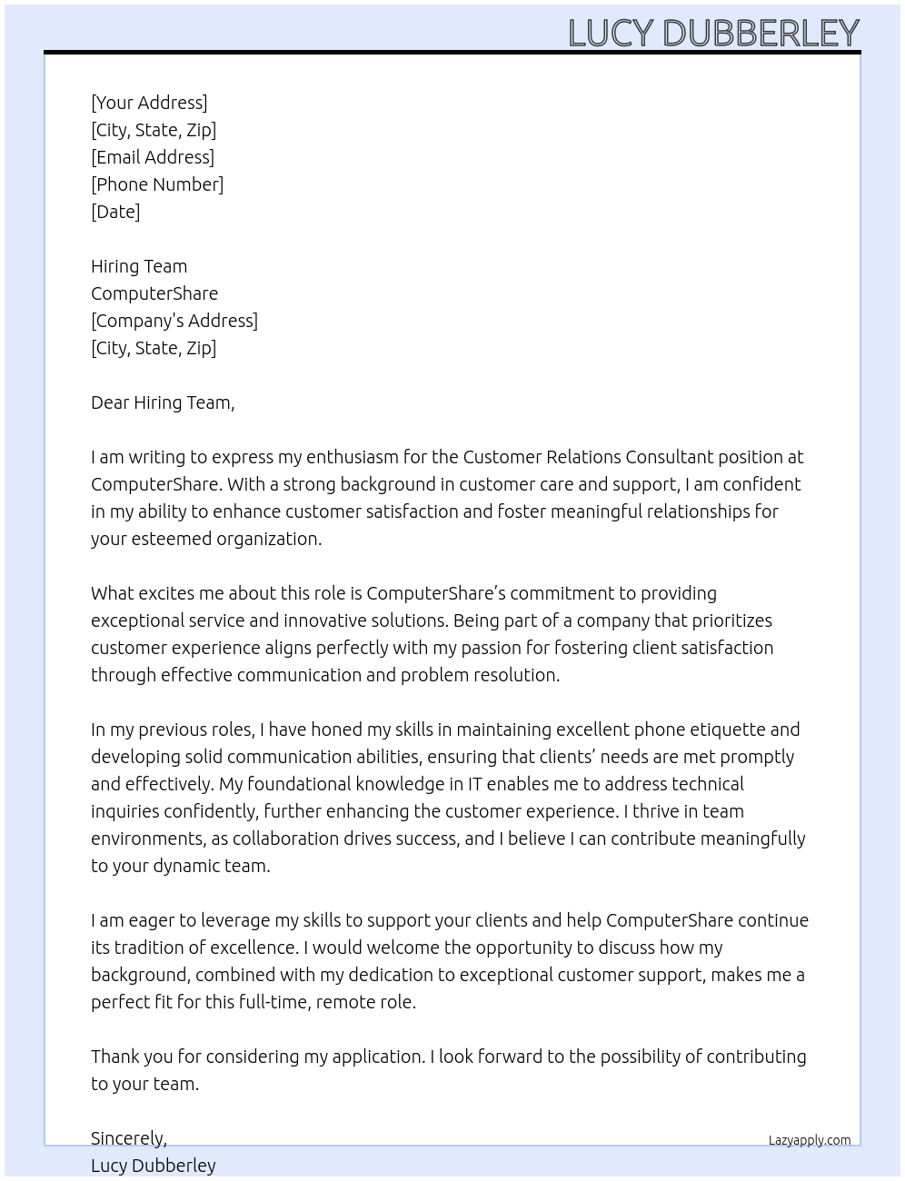Cover letter for customer relations consultant - LazyApply