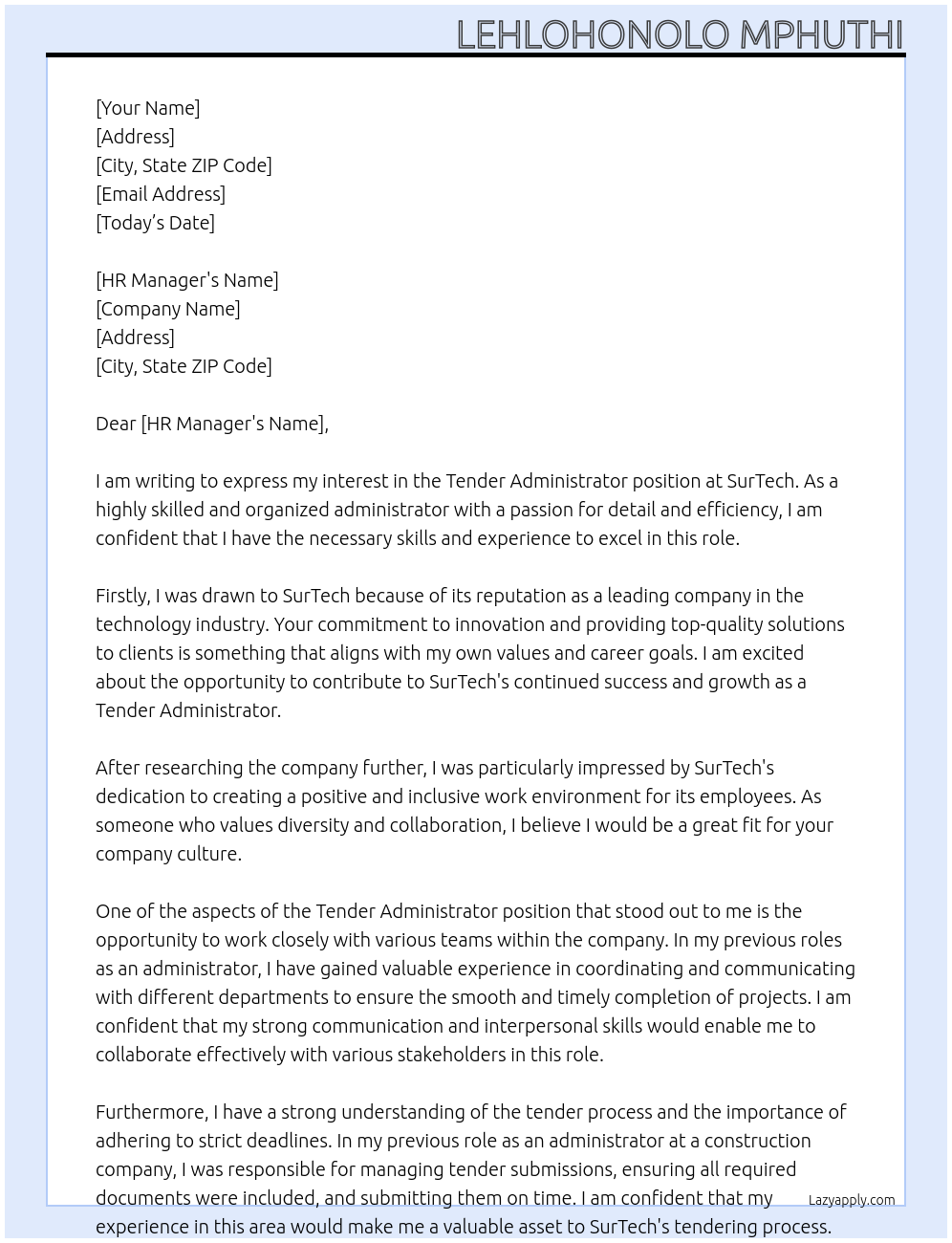 Tender Administrator  At SurTech  Cover Letter