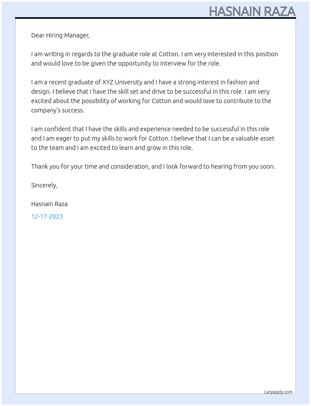 graduate role At Cotton  Cover Letter