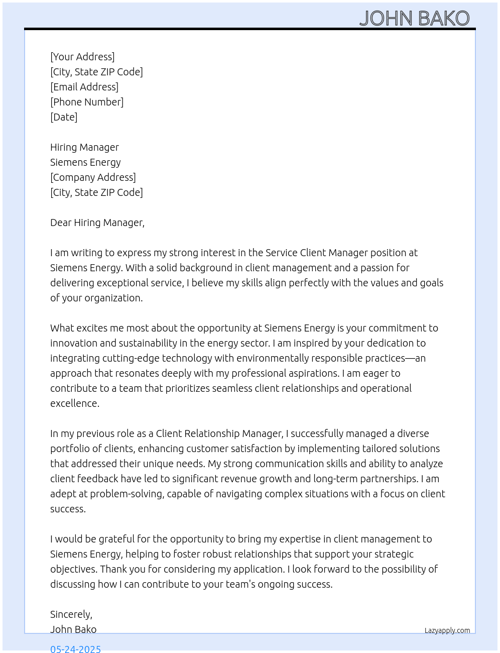 Service client manager At Siemens energy Cover Letter