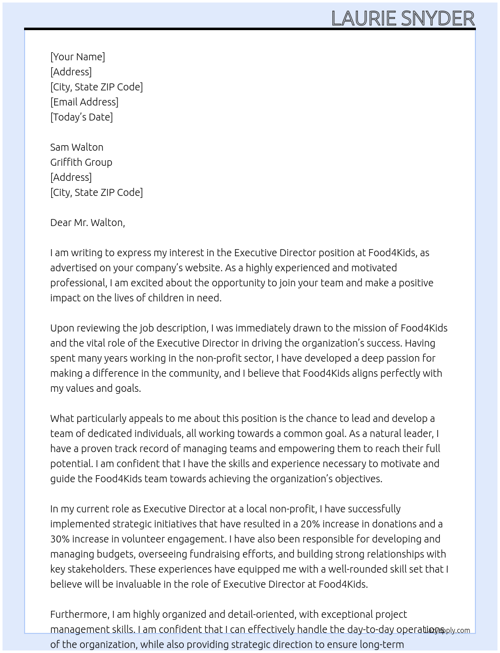 Executive Director At Food4Kids Cover Letter