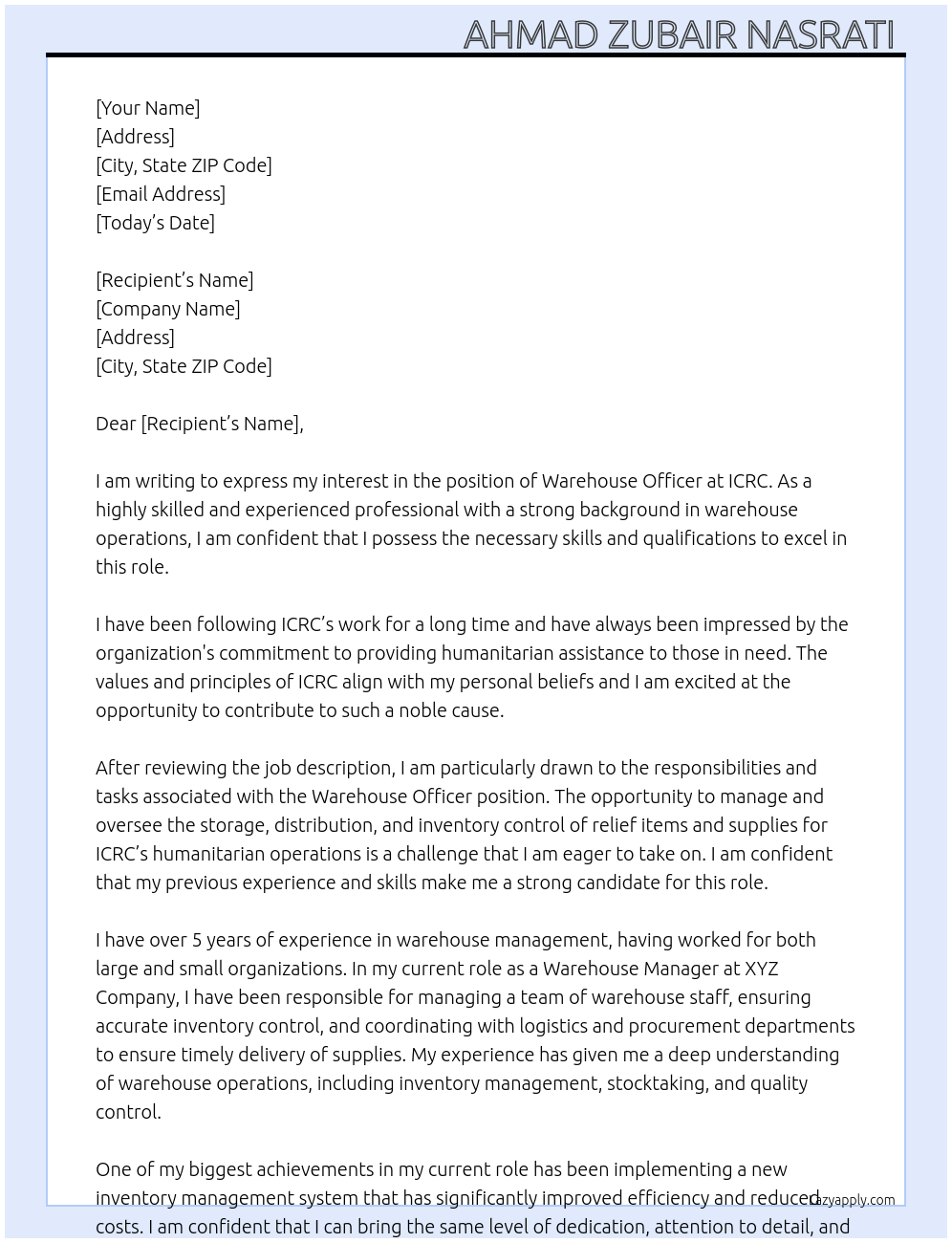 warehouse officer At ICRC Cover Letter