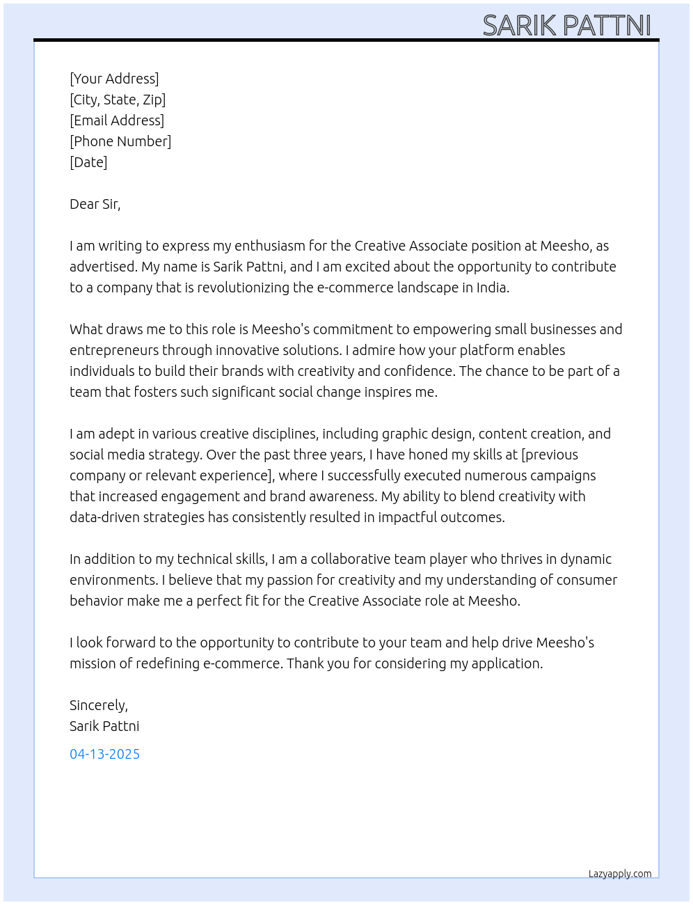 Creative associate At Meesho Cover Letter