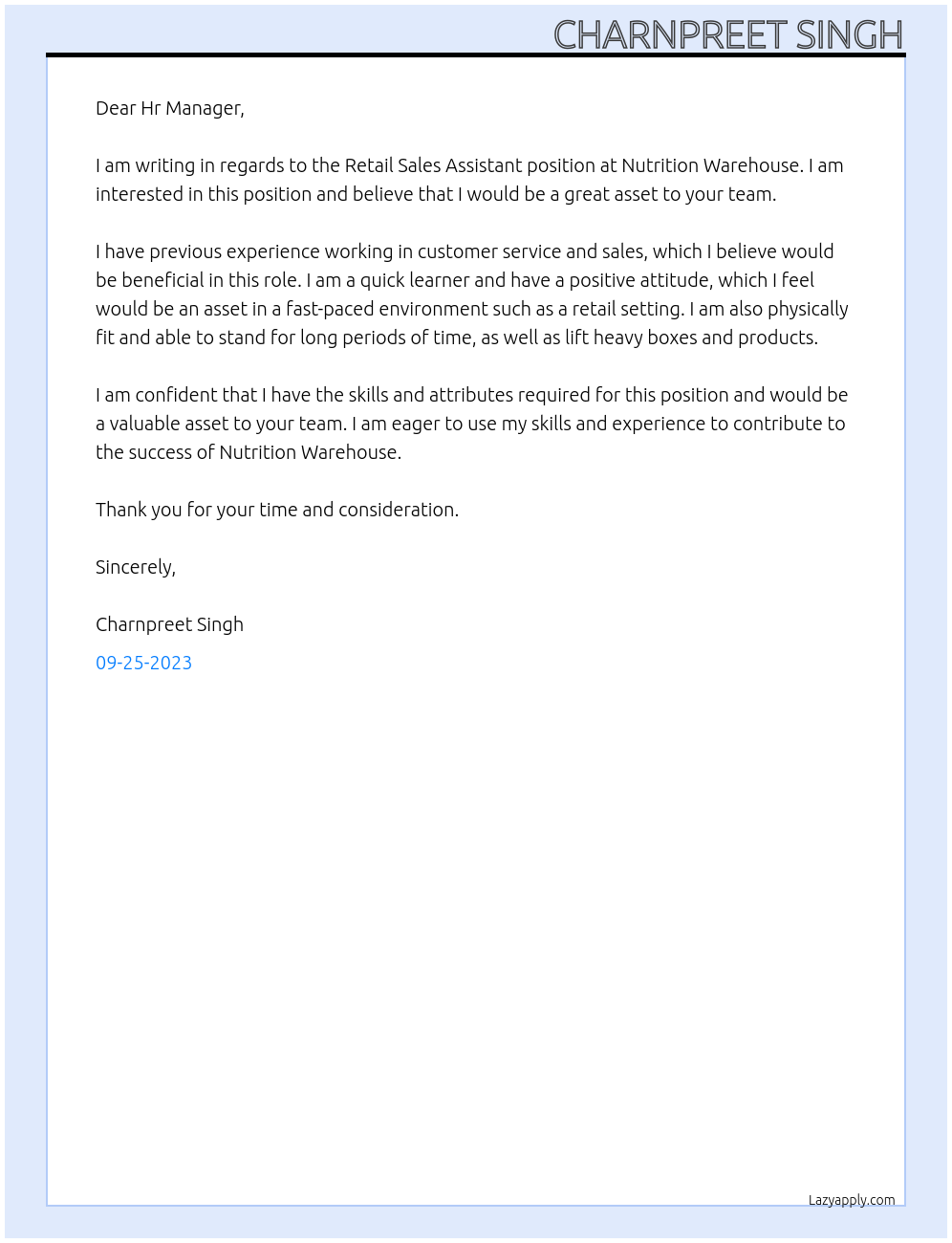 Retail Sales Assistant At Nutrition Warehouse Cover Letter