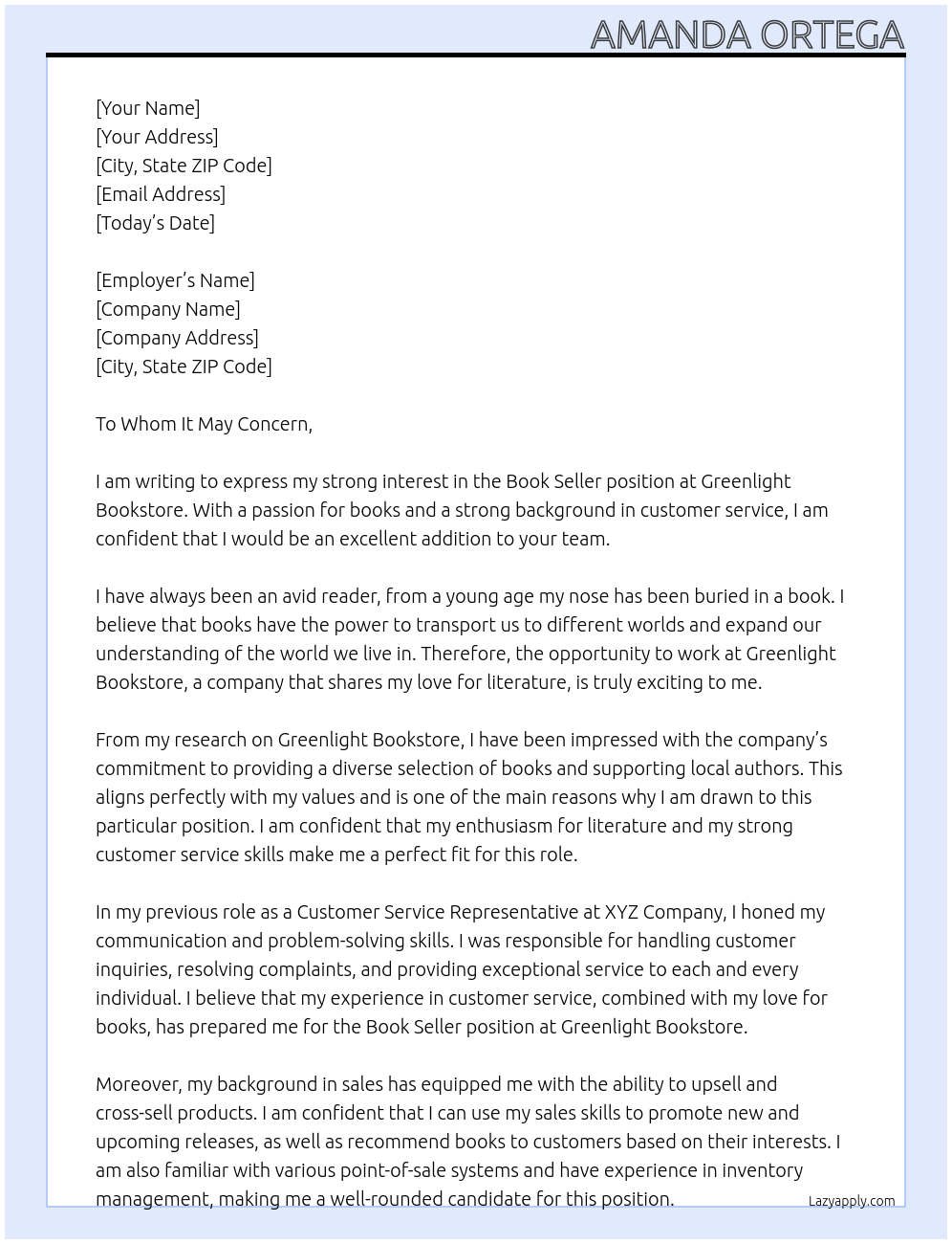 Book Seller At Greenlight Bookstore Cover Letter