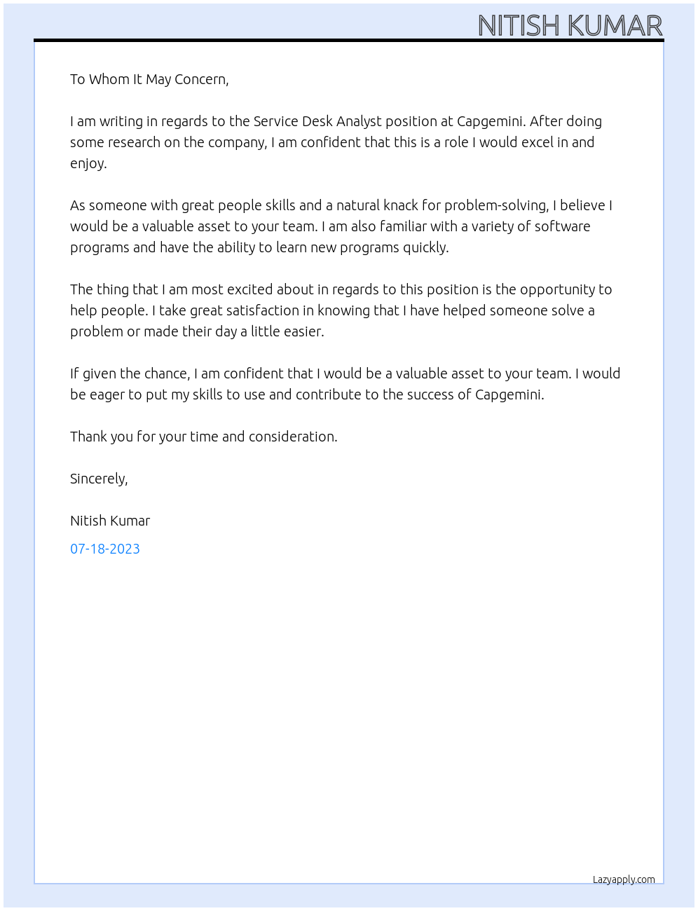 service desk analyst At Capgemini Cover Letter