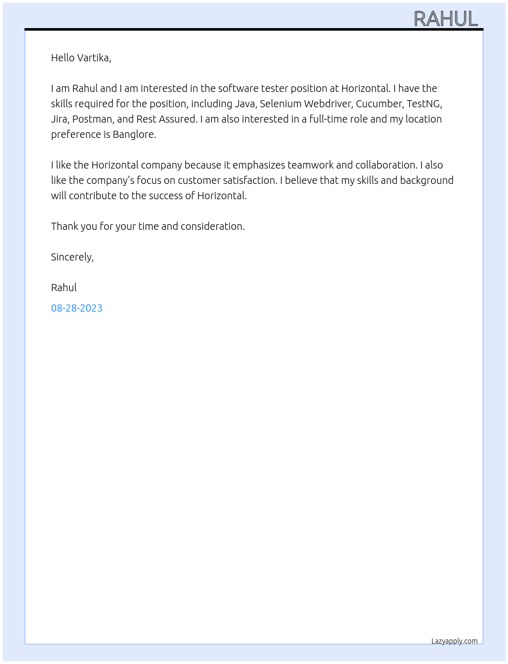 software tester At Horizontal Cover Letter