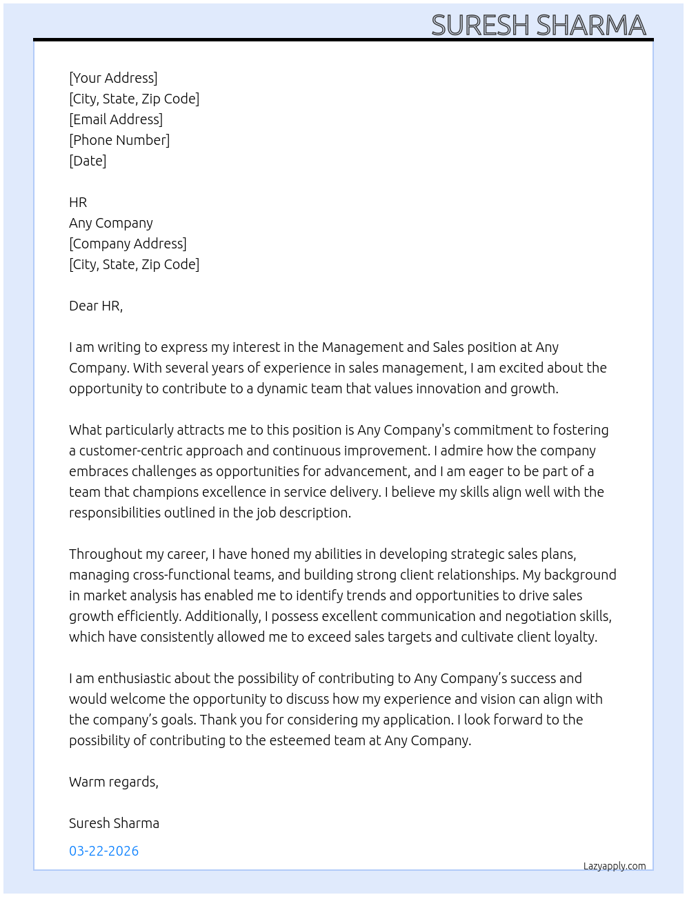 Management,sales At Any company  Cover Letter