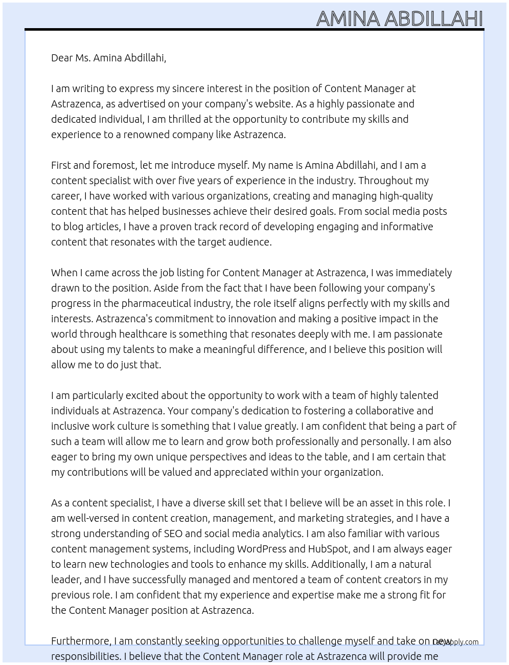 Content Manager At Astrazenca Cover Letter