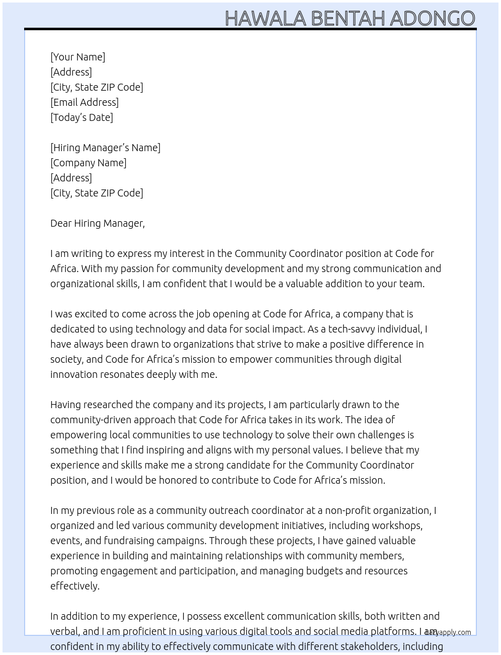 Community Coordinator At Code for Africa Cover Letter