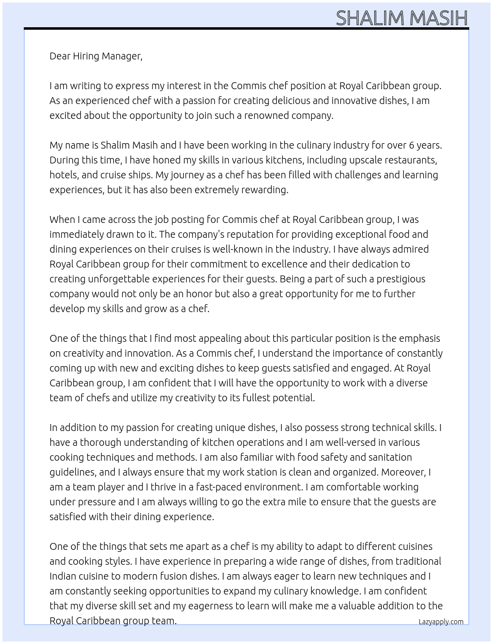 Commis chef At Royal Caribbean group Cover Letter
