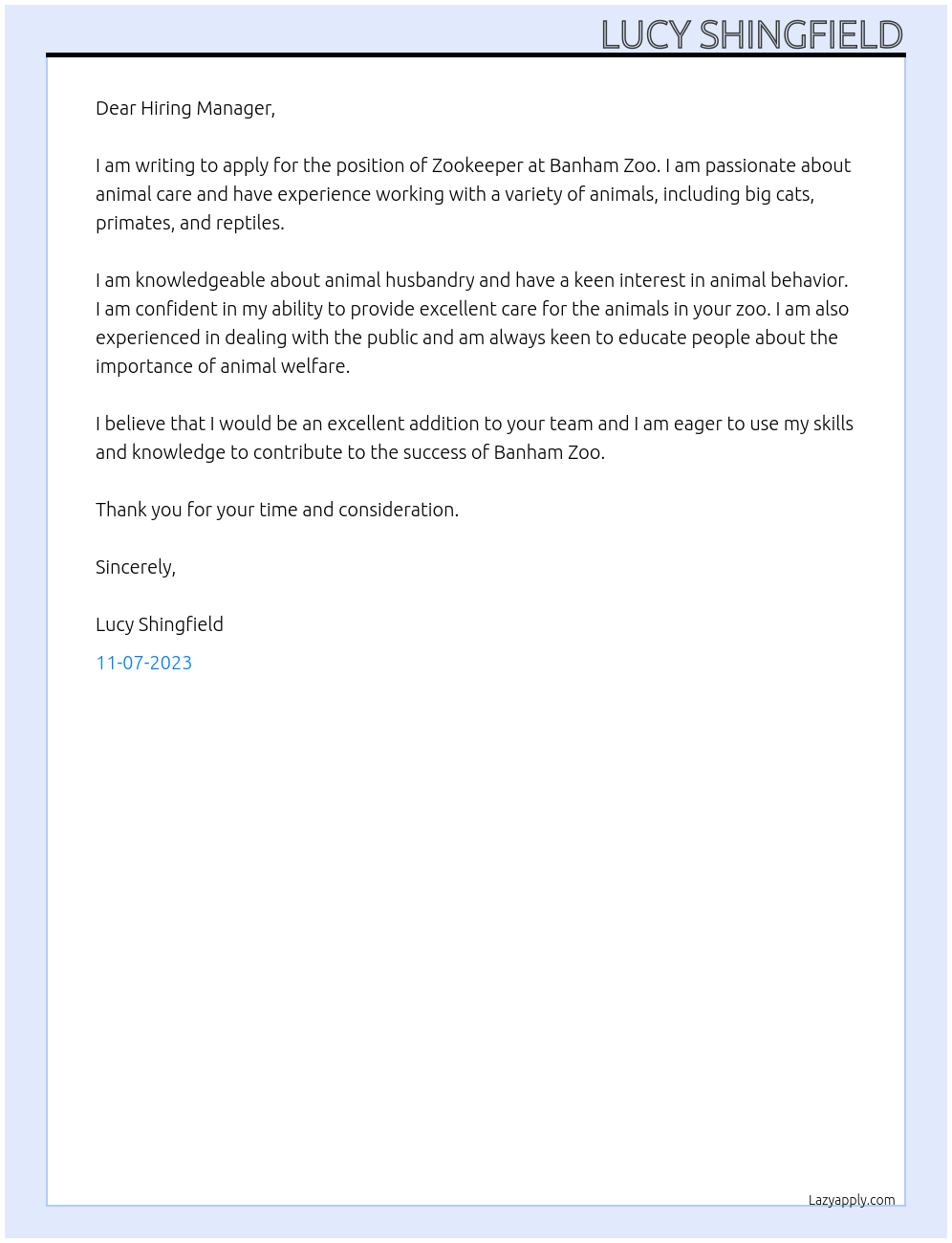 Zookeeper At banham zoo Cover Letter