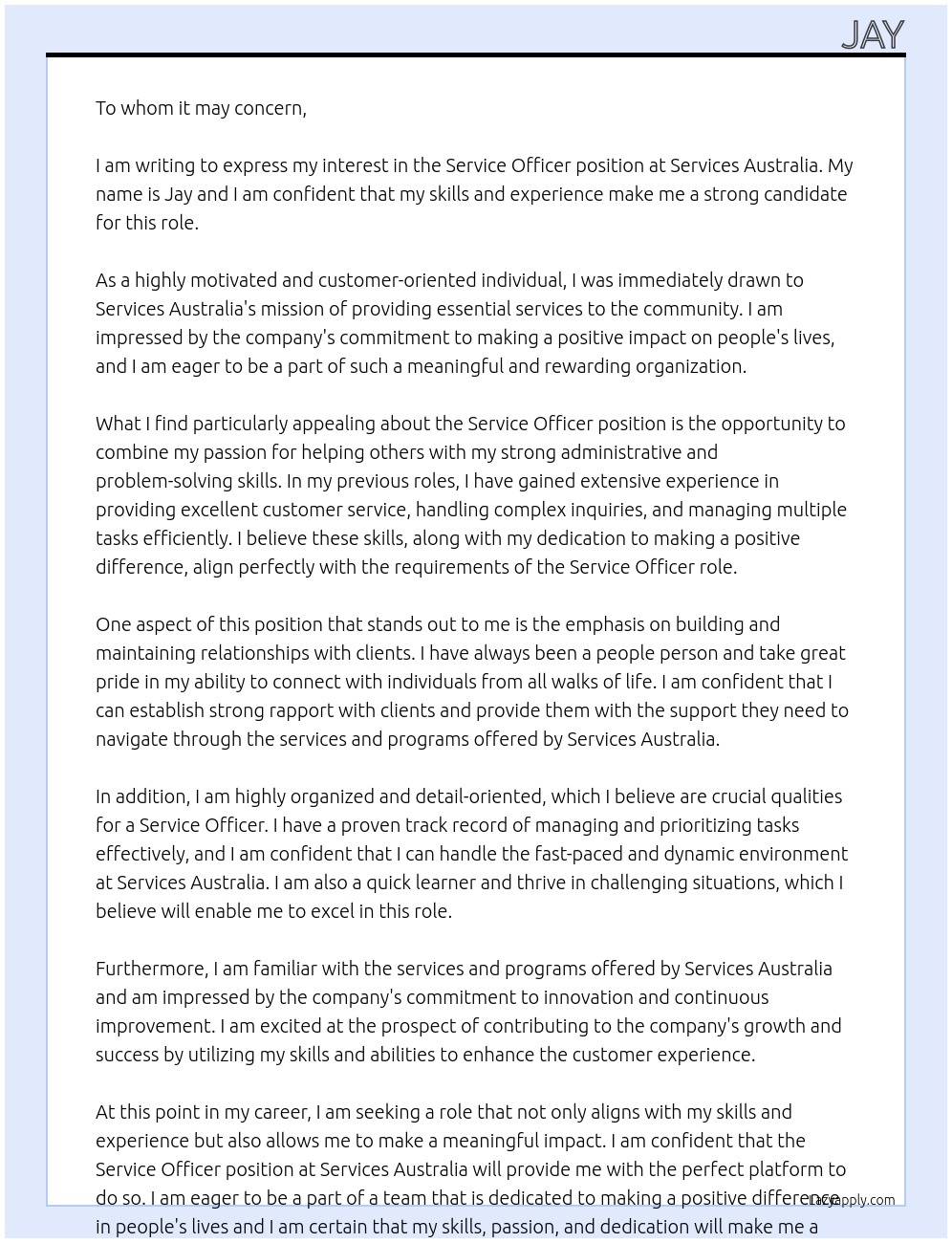 Service officer At Services Australia Cover Letter