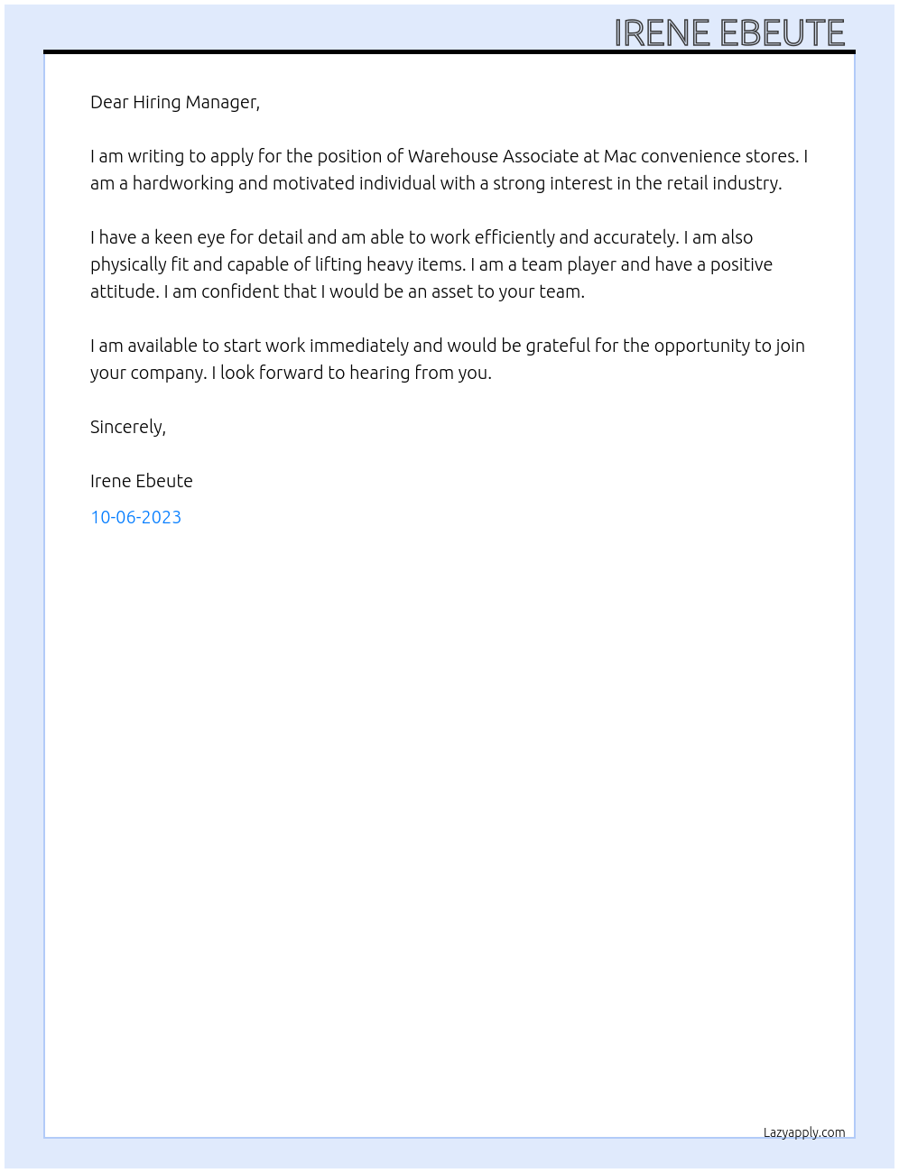 Warehouse Associate  At Mac convenience stores Cover Letter