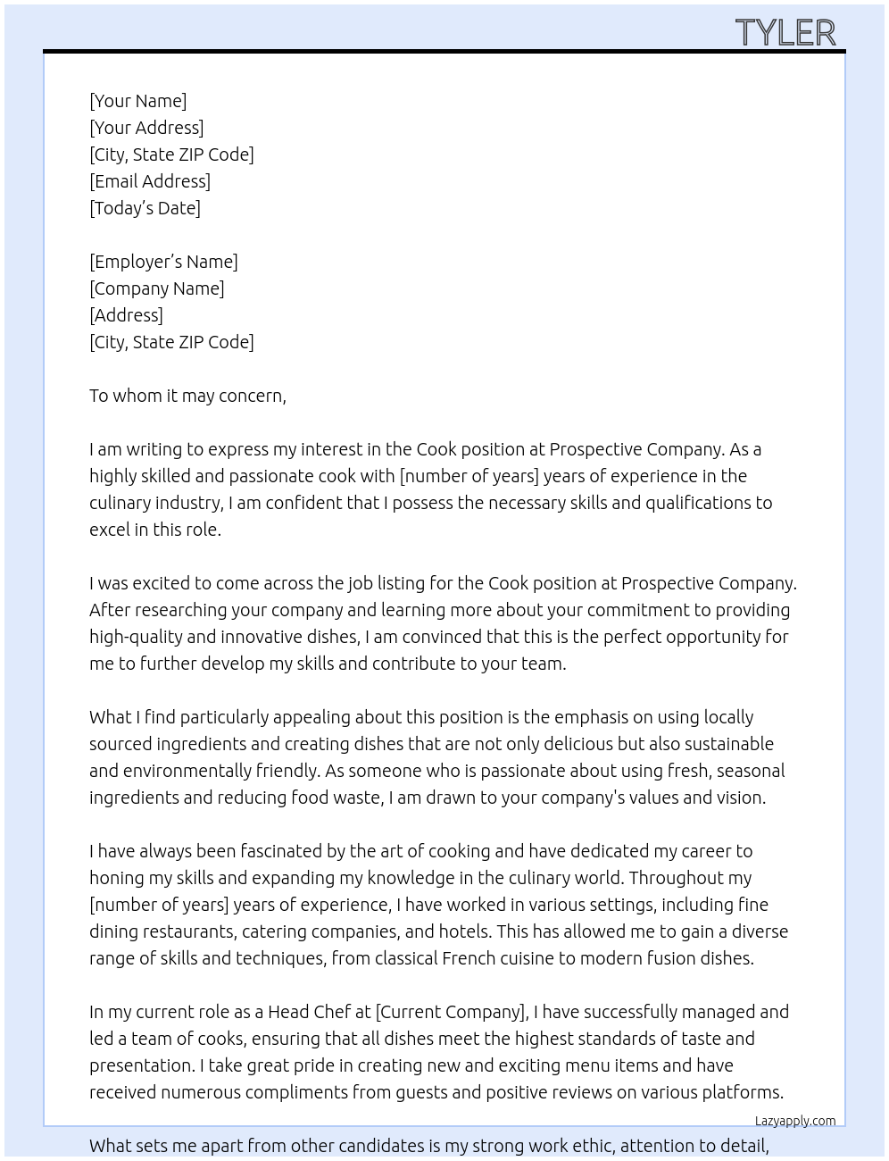 Cook At Prospective company. Cover Letter