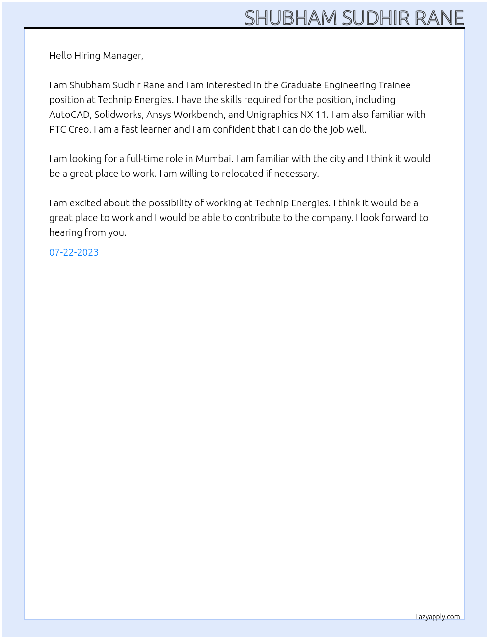 Graduate Engineering Trainee At Technip Energies Cover Letter