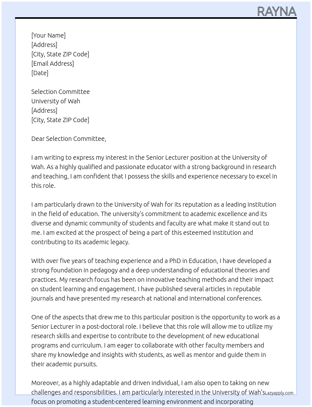 Senior Lecturer At University of Wah Cover Letter
