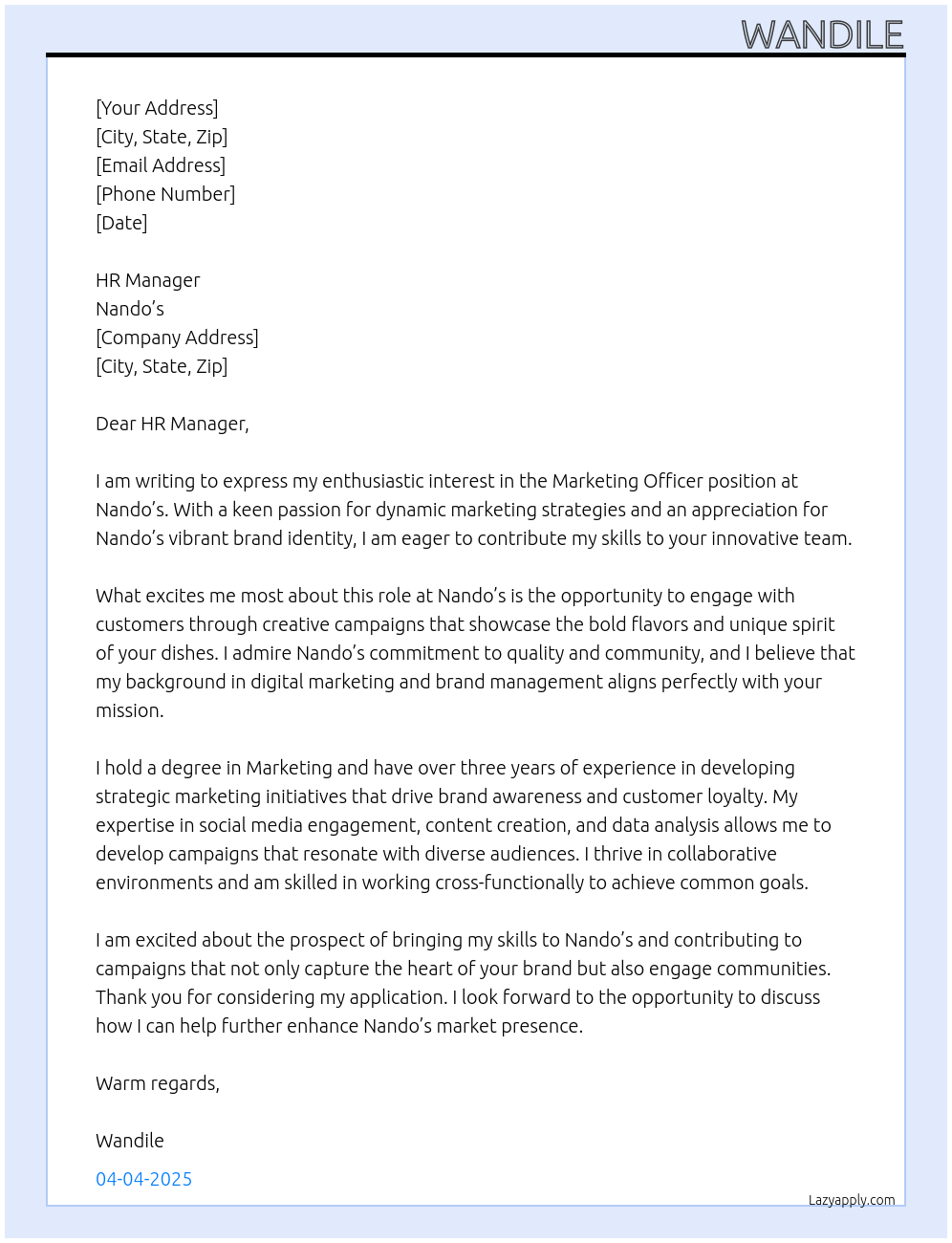 Marketing officer At Nandos Cover Letter