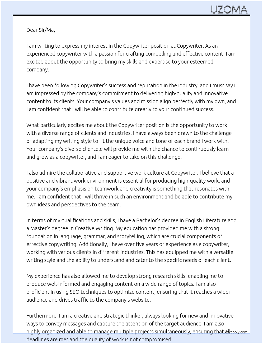 Copywriter At Copywriter Cover Letter