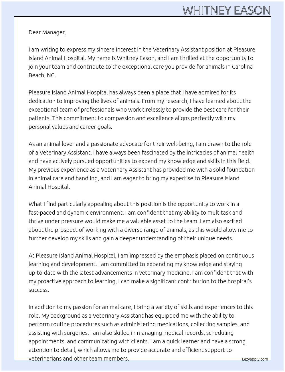 Veterinary Assistant At Pleasure Island Animal Hospital Cover Letter