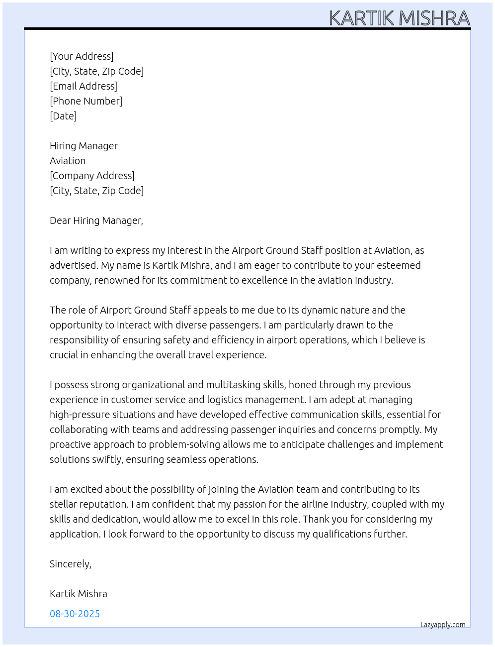 Airport Ground Staff At Aviation Cover Letter