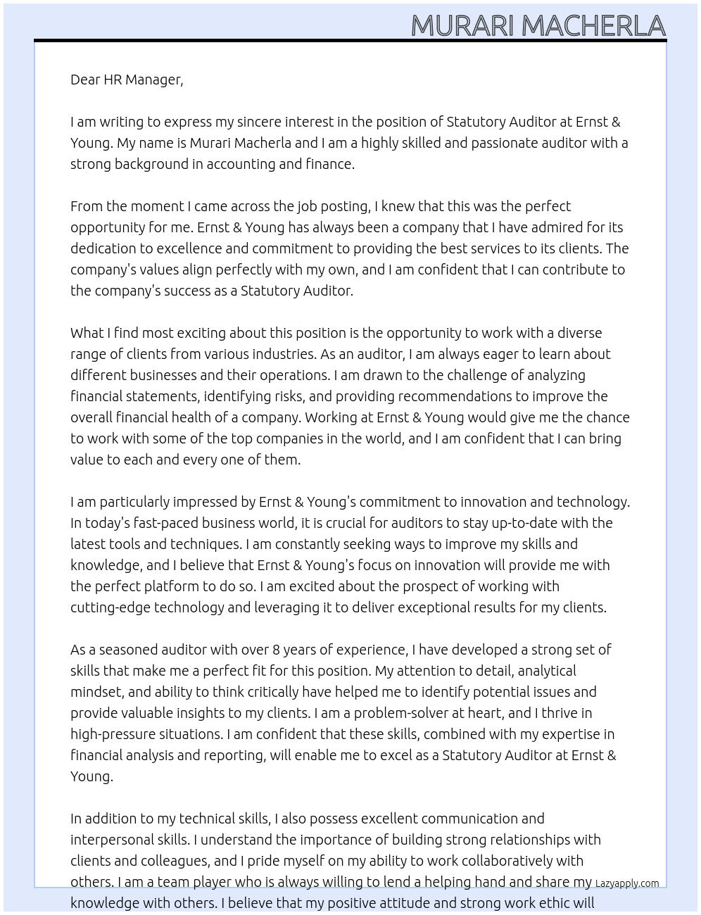 Statutory auditor  At Ernst & Young Cover Letter