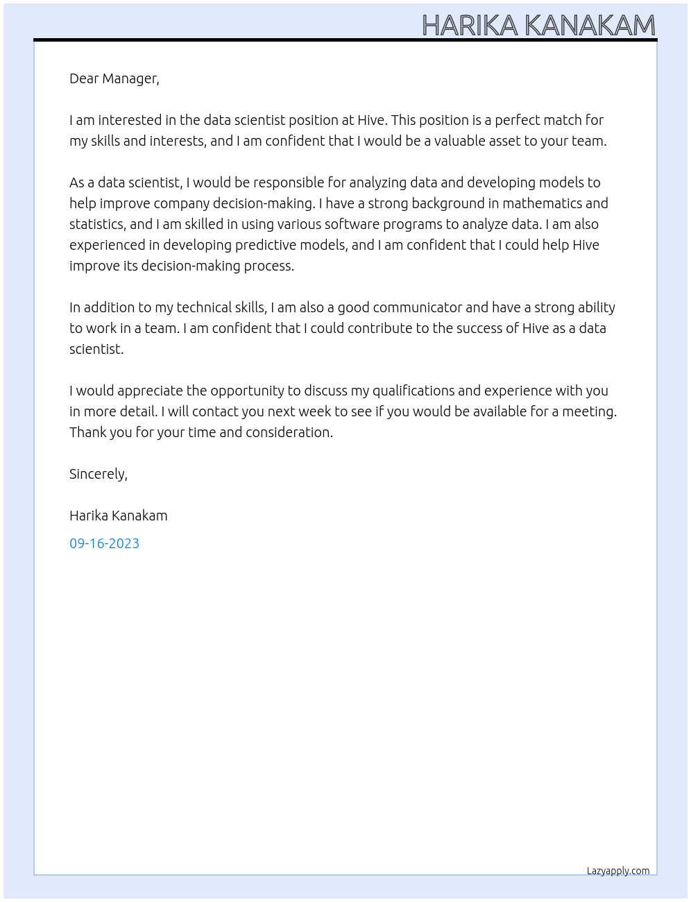 data scientist At Hive Cover Letter