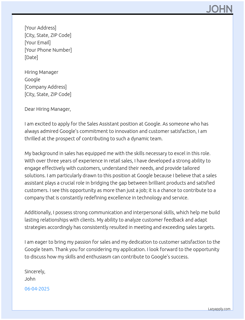 sales assistant At google Cover Letter