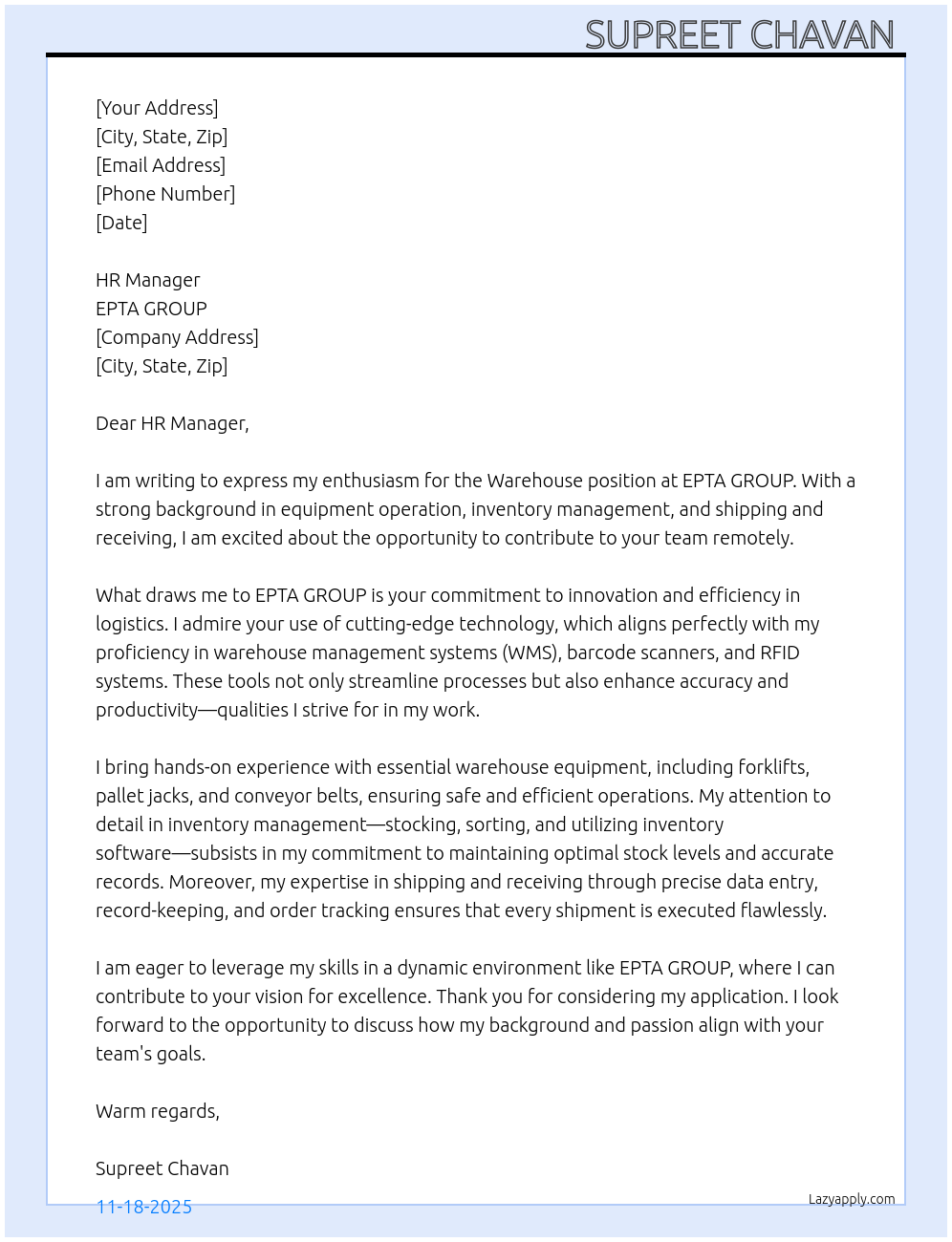 Cover letter for warehouse - LazyApply