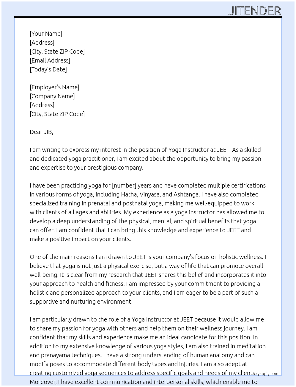 Yoga Instructor At JEET  Cover Letter