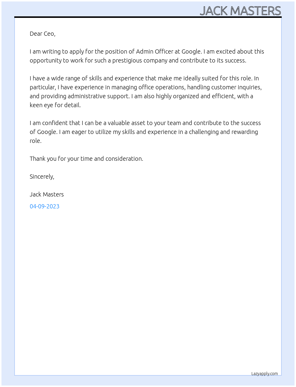 Admin Officer At Google Cover Letter