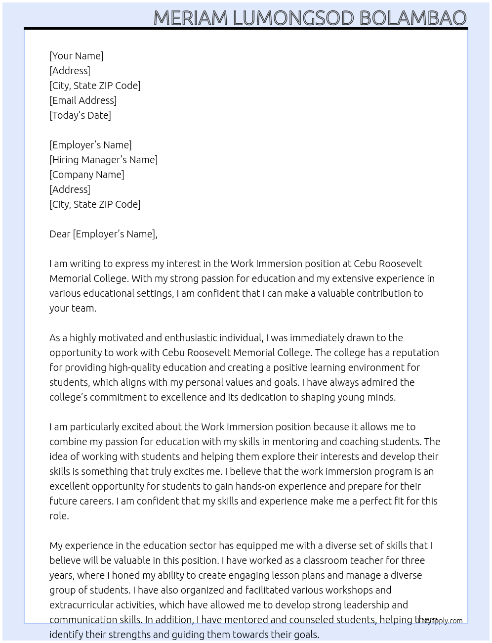 work immersion At Cebu Roosevelt Memorial College Cover Letter