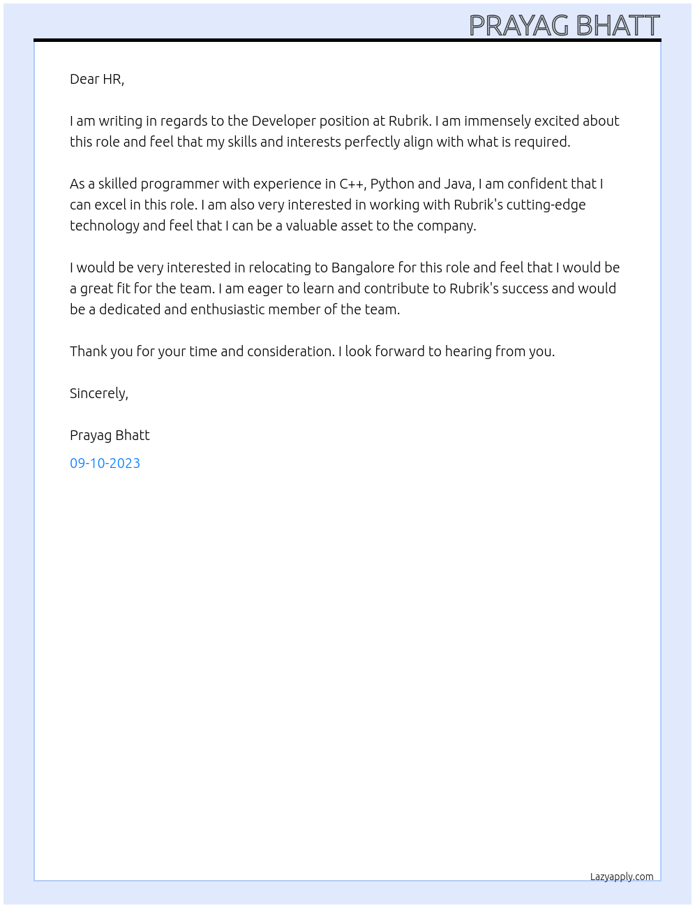 Developer At Rubrik Cover Letter