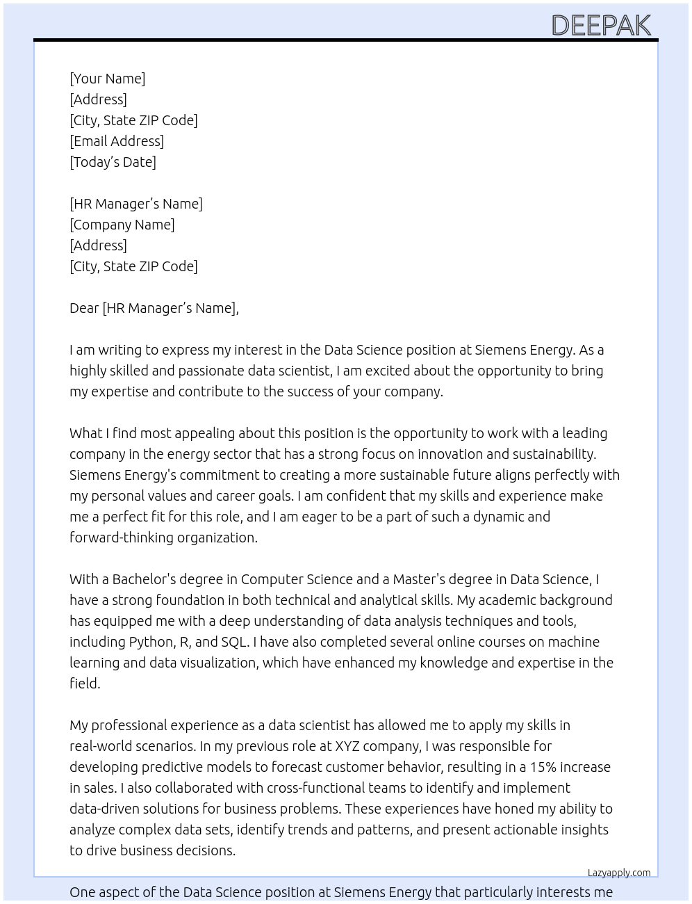 Data Science At Siemens Energy Cover Letter