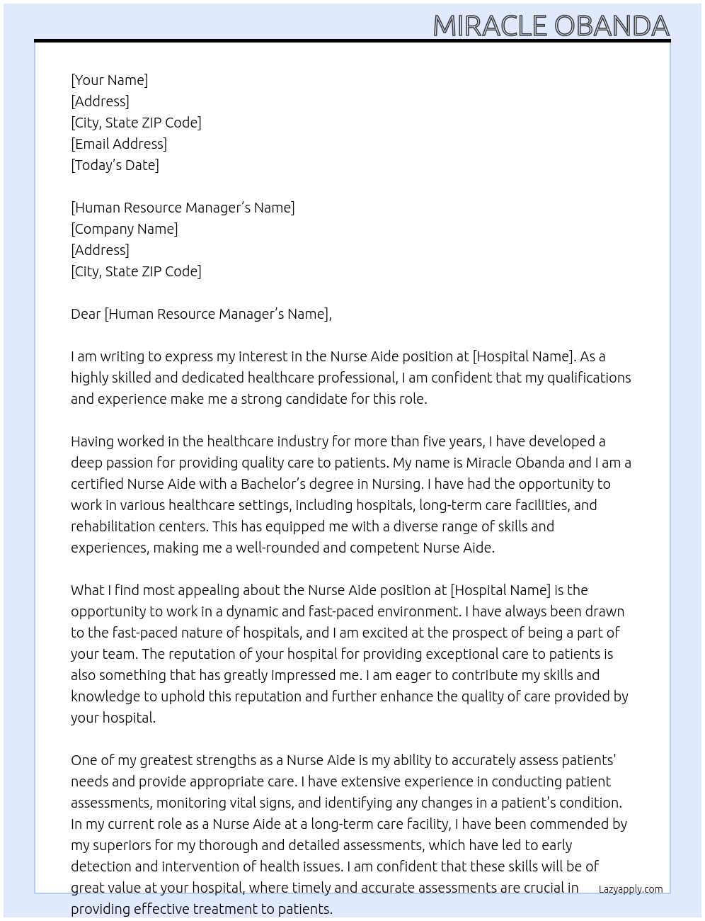 Nurse aide  At Hospital  Cover Letter