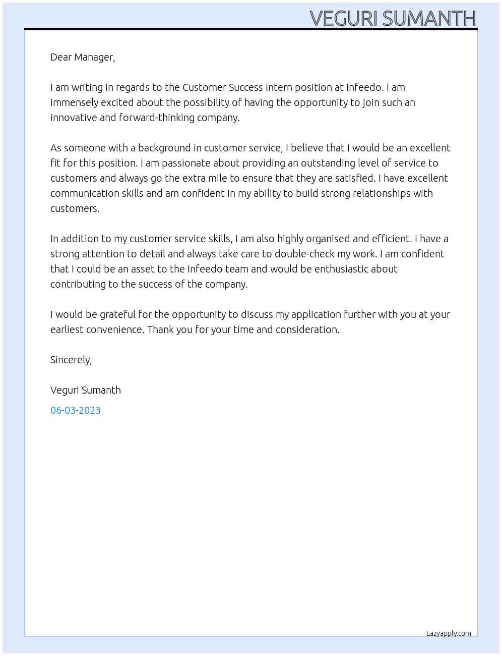 Customer success intern  At Infeedo  Cover Letter