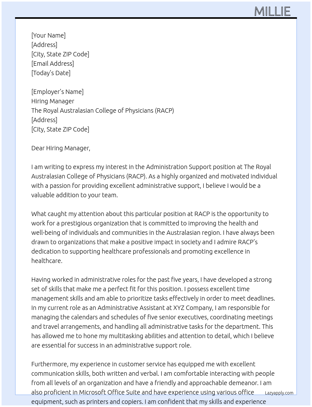 Cover letter for administration support - LazyApply