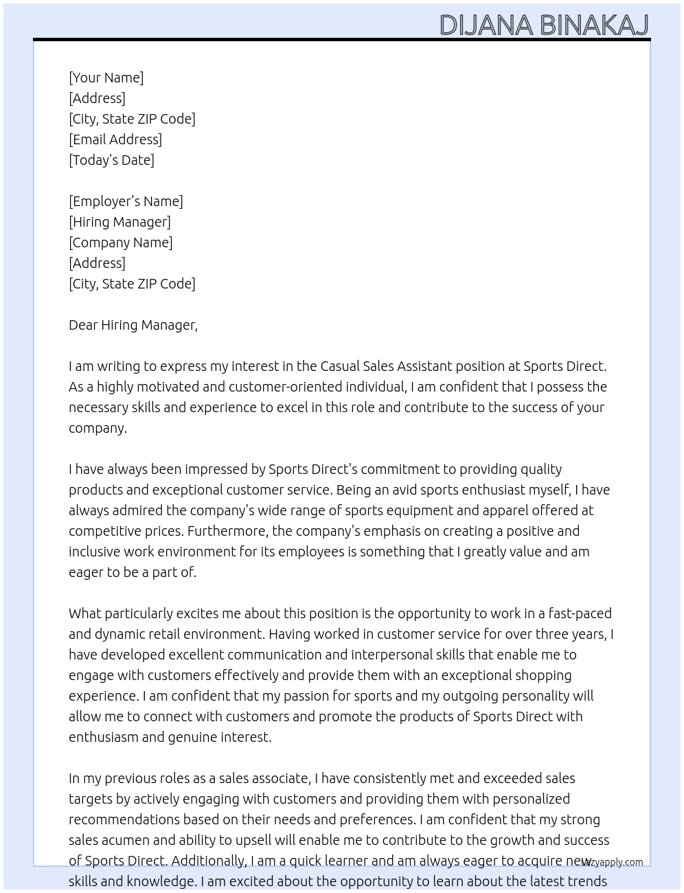 Casual Sales Assistant  At Sports Direct Cover Letter