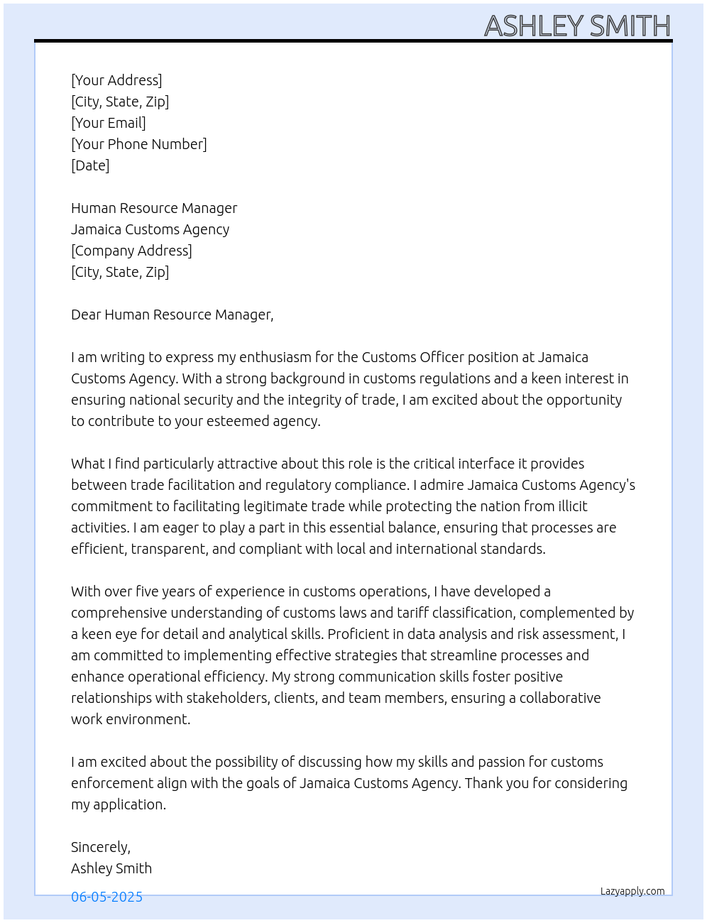 Customs officer At Jamaica Customs Agency Cover Letter